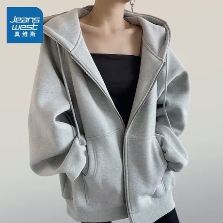 KMV真维斯灰色连帽卫衣小个子开衫女2025新款秋冬季宽松韩系外套图片