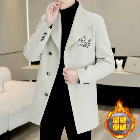 男士秋冬季名牌高档毛呢大衣中长款帅气翻领加绒加厚呢子风衣外套图片