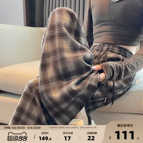 唐狮格子裤女2025秋季新款阔腿裤女高腰松弛感休闲垂感拖地裤子J1商品大图