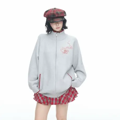 美式复古创意印花立领拉链开衫毛衣女秋季新款宽松休闲情侣针织衫商品大图
