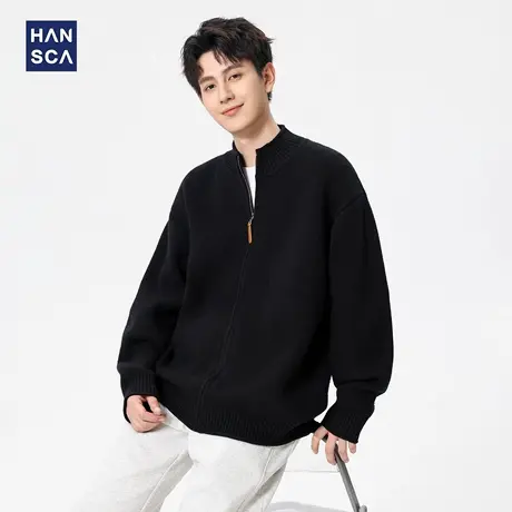 hansca750g重磅北极绒黑色毛衣2025秋冬新款罗纹立领开衫宽松外套图片