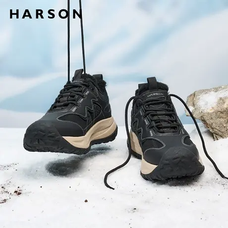 哈森冬季男鞋新款户外休闲雪地靴男款真皮加绒短靴保暖东北大棉鞋商品大图