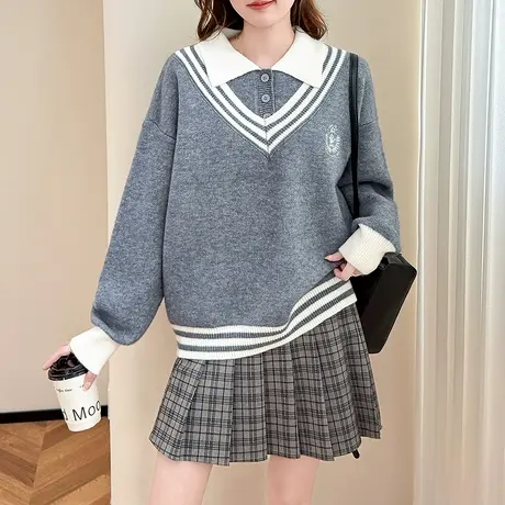 唐狮学院风翻领宽松套头宽松套头春秋可外穿学院风上衣女装慵懒TA图片