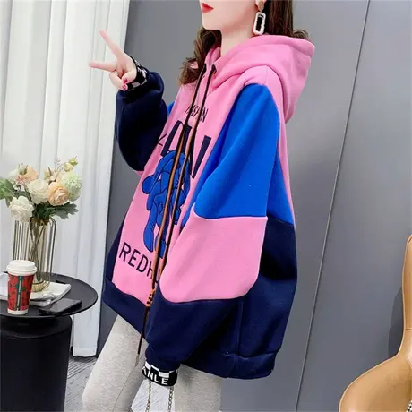 加绒加厚拼色连帽卫衣女2022新款秋冬宽松减龄洋气设计感上衣外套商品大图