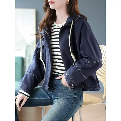 宝诗黎连帽抽绳蝙蝠袖开衫外套2023春秋新款拉链宽松长袖棉质上衣图片