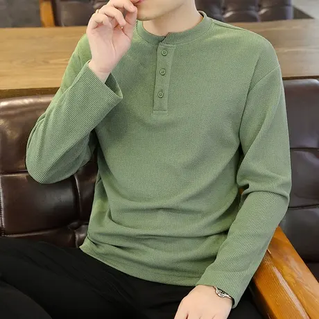 男士春秋季韩版简约卫衣潮流肌理感亨利领长袖T恤百搭秋装打底衫图片