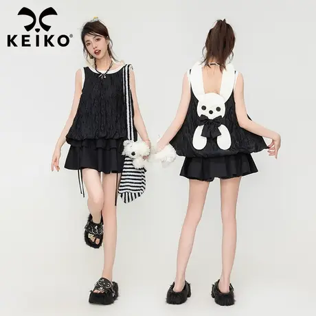 创意拼花兔子无袖上衣夏季外穿宽松提花珠光欧根纱吊带小背心t恤图片