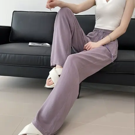 紫色天丝阔腿牛仔裤女小众夏季薄款高腰垂感窄版显瘦松紧腰直筒裤商品大图