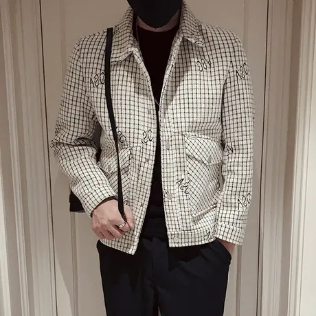 轻熟风设计感拼接格子毛呢外套男秋冬潮流休闲帅气短款呢子大衣商品大图