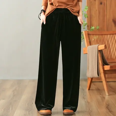 dza 高腰显瘦金丝绒垂感阔腿裤子女秋冬加长裤宽松直筒休闲哈伦裤图片