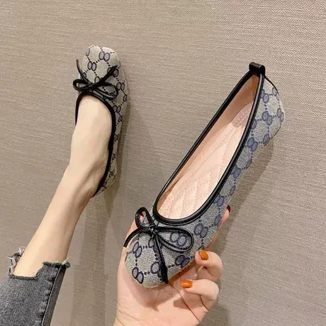 2023春秋新款方头平底单鞋女蝴蝶结软底时尚浅口瓢鞋平跟豆豆船鞋商品大图