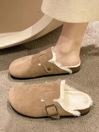 毛毛勃肯鞋女2023新款秋冬季一脚蹬加绒博肯单鞋厚底一字半拖鞋女图片