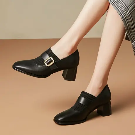 2023年春季新款英伦风玛丽珍单鞋女粗跟深口复古方头真皮高跟女鞋商品大图