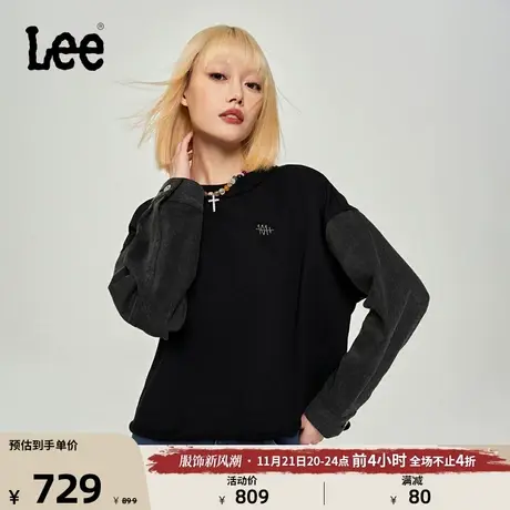 Lee商场同款23秋冬新品舒适版型牛仔拼接女卫衣黑色LWT006633204图片