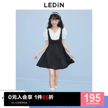 乐町假两件黑色背带连衣裙休闲夏季新款衬衫娃娃裙子女夏天图片