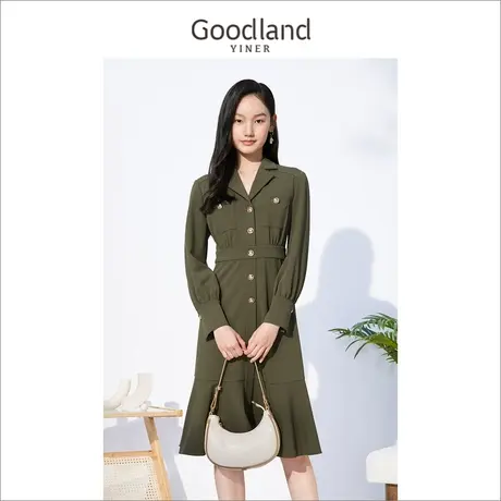不上-切Goodland美地女装冬季法式通勤公主袖高腰西装领连衣裙图片