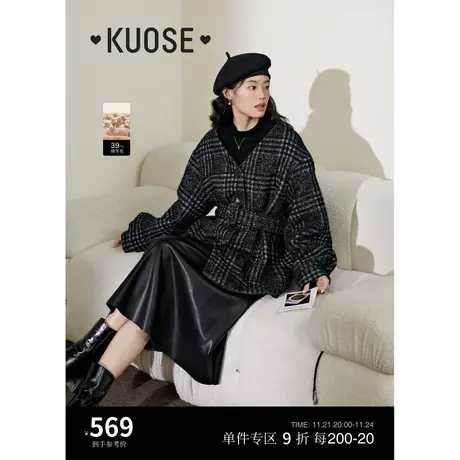 阔色黑灰格子毛呢外套2023秋冬季新款女收腰保暖腰带呢子大衣商品大图