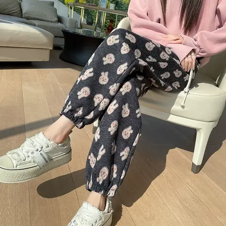 印花裤子毛呢加厚哈伦裤女秋冬加厚高腰显瘦休闲直筒束脚羊绒卫裤商品大图