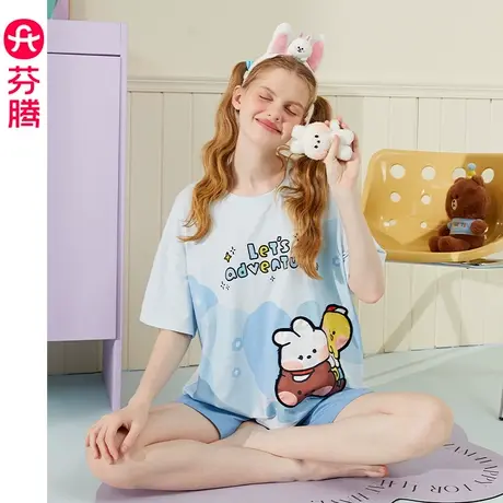 芬腾睡衣女纯棉夏短袖短裤韩版少女布朗熊可爱卡通甜美家居服套装商品大图