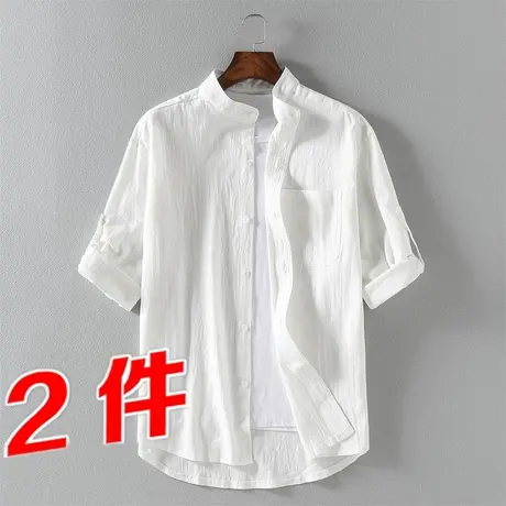 夏季中国风立领薄款冰丝亚麻衬衫男短袖宽松休闲半短棉麻衬衣白色商品大图