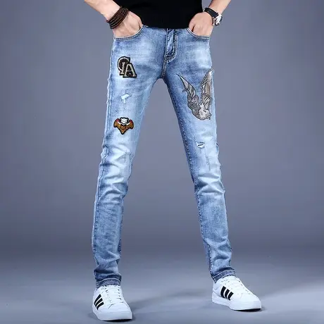 特价2023年新款男士刺绣花牛仔裤男秋冬男款潮牌修身休闲小脚裤子商品大图