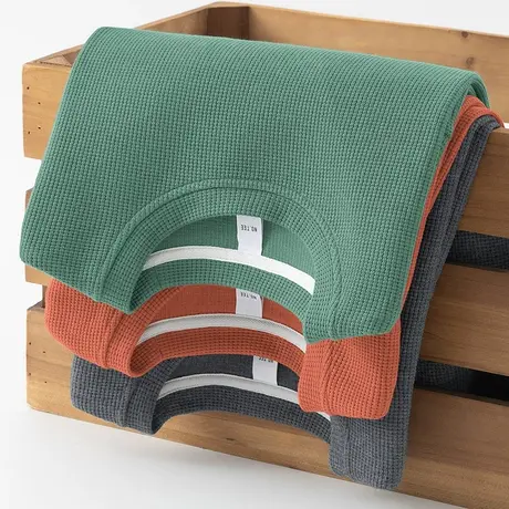 华夫格卫衣男宽松潮流秋冬保暖加绒加厚圆领长袖t恤纯色无帽上衣商品大图