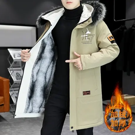 加绒外套男士韩版潮流冬季2023新款夹克男生中长款加厚保暖上衣服商品大图