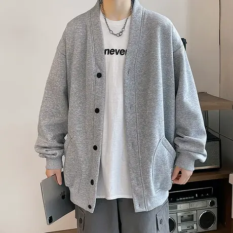 春秋季宽松纯色慵懒风小众开衫卫衣男装oversize潮流V领休闲外套商品大图