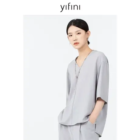 Yifini/易菲宽松V领五分袖垂感上衣女初秋新款百搭通勤小衫商品大图