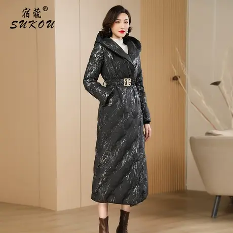 黑色版型好看的羽绒服女2024年冬装新款连帽白鸭绒到脚踝保暖外套商品大图