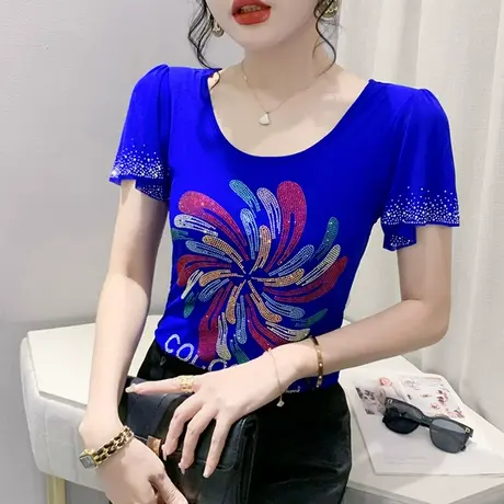 时尚荷叶边短袖T恤女夏2023新款气质网纱小衫设计感重工烫钻小衫商品大图