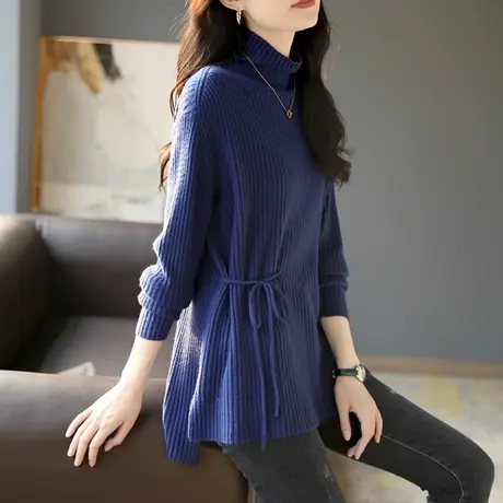 宝诗黎半高领落肩全羊毛打底衫女装秋季新款纯色慵懒中长针织毛衣商品大图