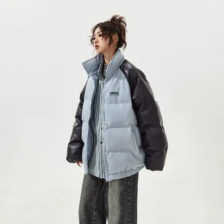 YEP潮牌拼接PU皮棉服女加厚冬季外套复古宽松立领棉衣薄荷曼波商品大图