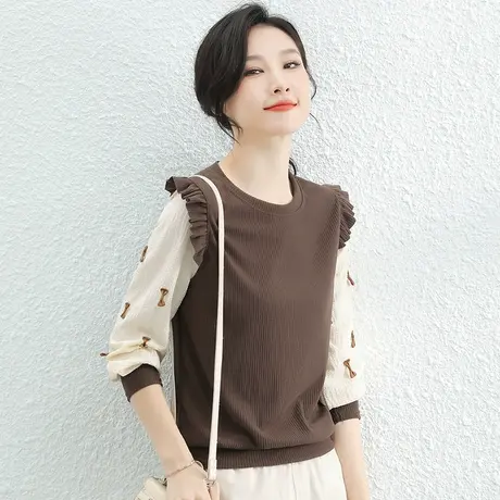 韩潮袭人荷叶边假两件长袖t恤女2024年春新款拼接雪纺打底衫上衣图片