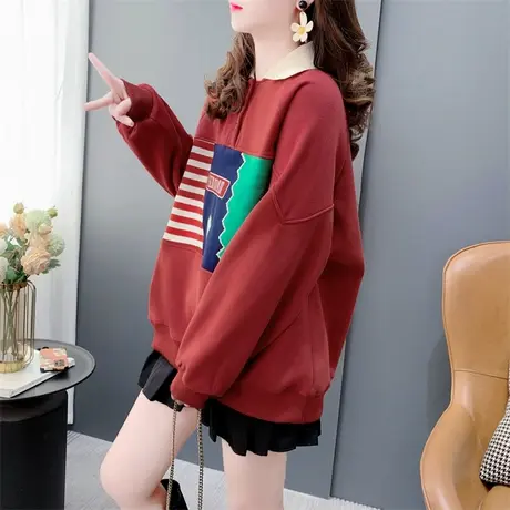 日系减龄拼接Polo领加绒卫衣女2023年新款秋冬宽松洋气设计感上衣图片