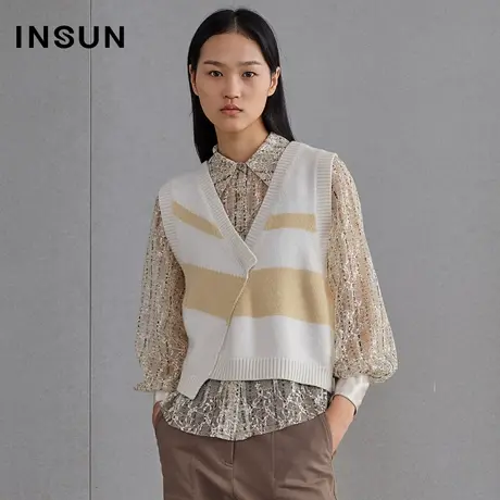 恩裳春季拼接印花条纹网纱打底长袖衬衫图片