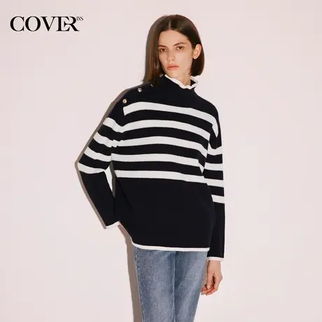 COVER冬季条纹羊毛混纺落肩毛针织衫图片