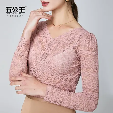 五公主V领蕾丝打底衫2020新款春秋洋气小衫时尚性感女低领上衣薄商品大图