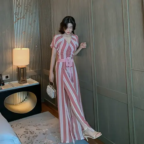 2023年新款夏季雪纺休闲裤侧边开叉阔腿裤女宽松垂感高腰两件套装商品大图