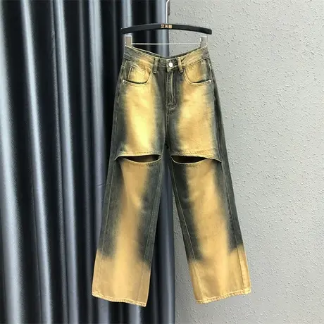 欧货个性镂空直筒裤女23秋季新款复古怀旧设计感宽松百搭牛仔长裤图片