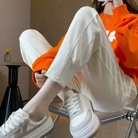 米色运动裤女束脚2023年春季新款高腰宽松显瘦百搭休闲九分卫裤子图片