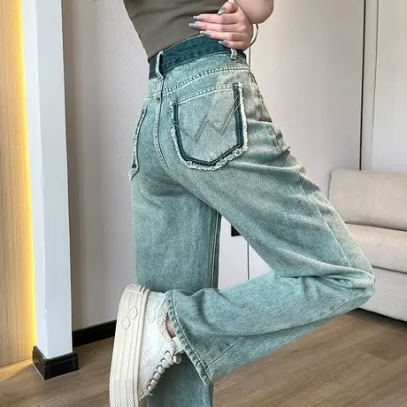 阔腿牛仔裤女春秋2024年新款高腰窄版宽松显瘦拼接小众直筒裤子潮商品大图