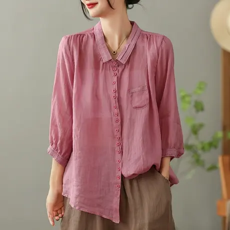 dza 复古苎麻女士衬衫2023夏季薄款纯色衬衣漂亮宽松棉麻开衫上衣图片