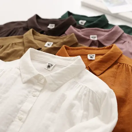 春秋日系文艺简约双层纱纯棉白色长袖衬衫女学生休闲百搭打底上衣商品大图