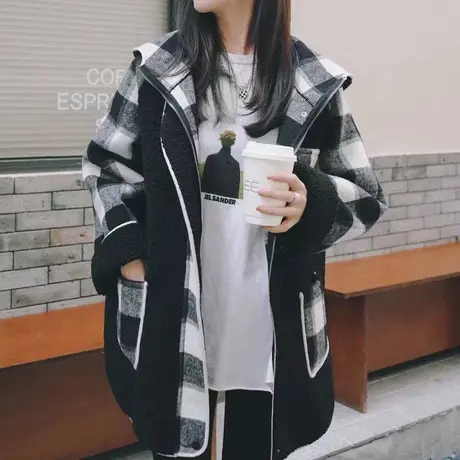 韩版颗粒绒连帽大格子外套女2024年秋冬新款宽松大码毛呢大衣棉衣图片