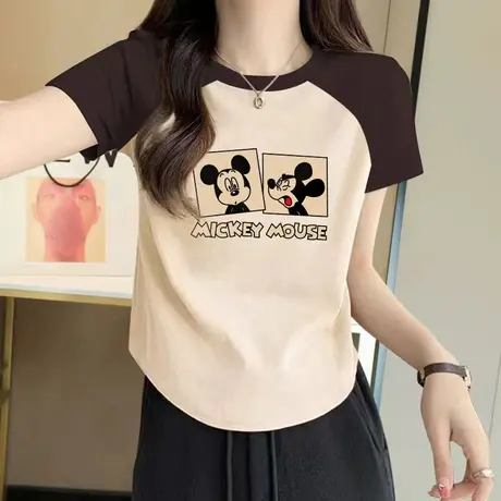 欧货2023新款纯棉插肩短袖t恤正肩显瘦洋气减龄修身短款上衣女夏图片