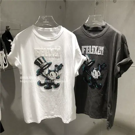 欧货港风短袖t恤女2021夏季新款时髦重工亮片卡通猫字母宽松上衣图片