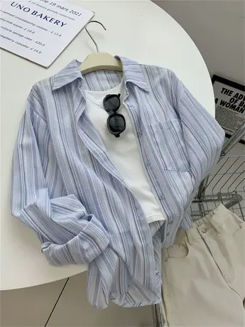 气质简约蓝色条纹衬衫女2023早秋薄款色织翻领长袖纯棉衬衣外套图片