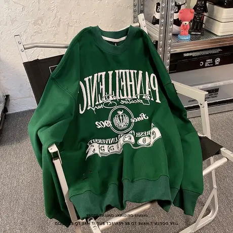 美式复古绿色圆领卫衣女高街hiphop小众秋冬加绒加厚外套ins上衣商品大图