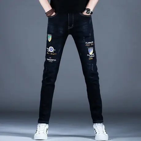 秋冬款刺绣牛仔裤男款小脚修身弹力百搭2023新款时尚潮流裤子男士商品大图